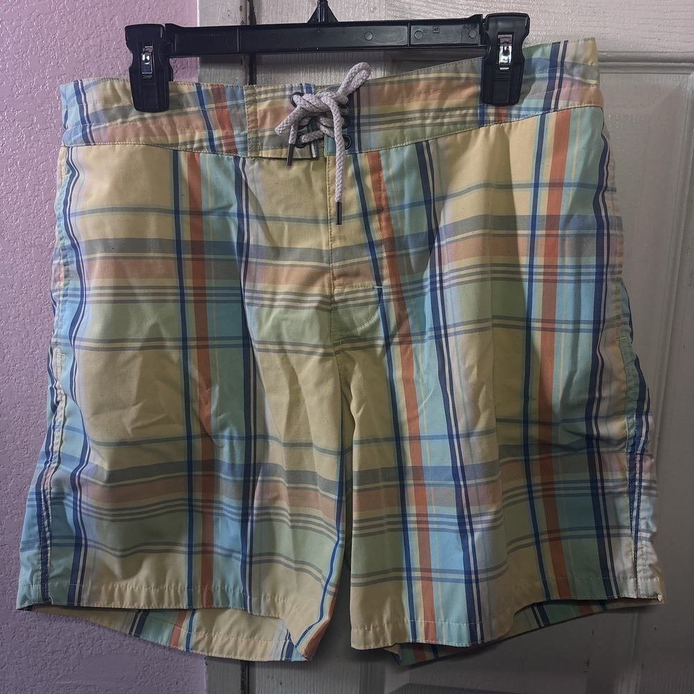 Faherty Swim Trunks Mens 34 Yellow Plaid Lace Up Surf Board Shorts Coastal Beach